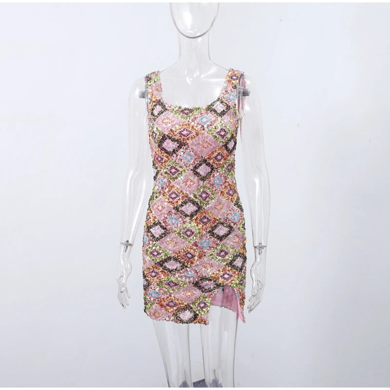 Sequined Mini Dresses Women Slim Square Collar Sleeveless Backless Party Dress Lady Summer Shine Robe Woman Holiday Stylish