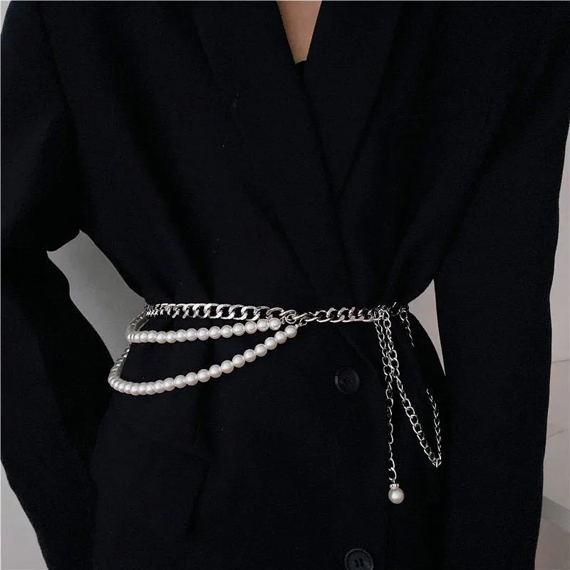 Multilayer Pearl Belt Waist Chain for Women's Fashion Retro Y2K Designer Belt Character Playing Clothes Accessories Party Belts