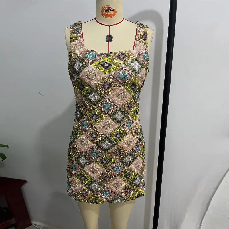 Sequined Mini Dresses Women Slim Square Collar Sleeveless Backless Party Dress Lady Summer Shine Robe Woman Holiday Stylish