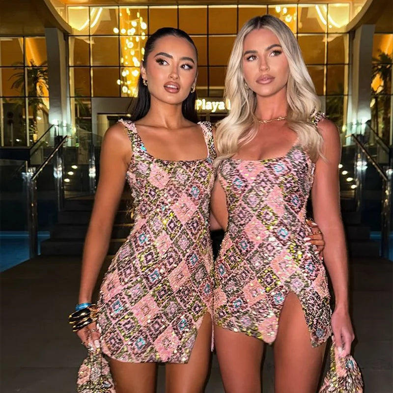 Sequined Mini Dresses Women Slim Square Collar Sleeveless Backless Party Dress Lady Summer Shine Robe Woman Holiday Stylish