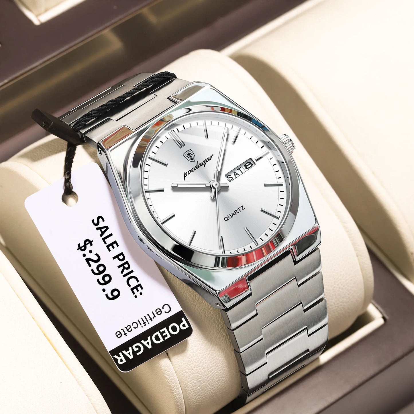 POEDAGAR Luxury Sport Quartz Man Wristwatch Waterproof Luminous Date Week Men Watches Stainless Steel Men's Watch Male Reloj+box