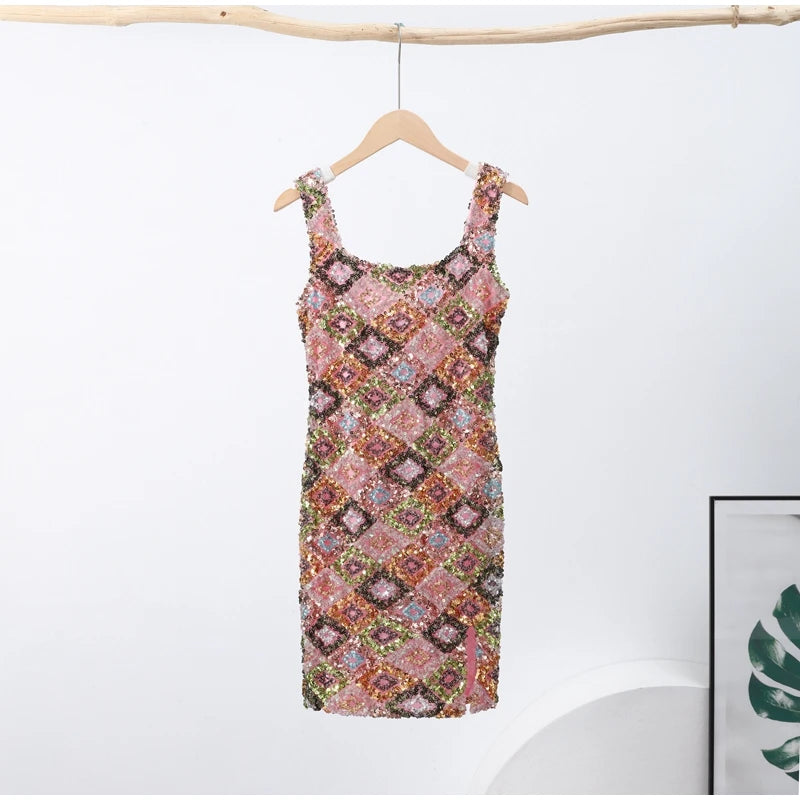 Sequined Mini Dresses Women Slim Square Collar Sleeveless Backless Party Dress Lady Summer Shine Robe Woman Holiday Stylish