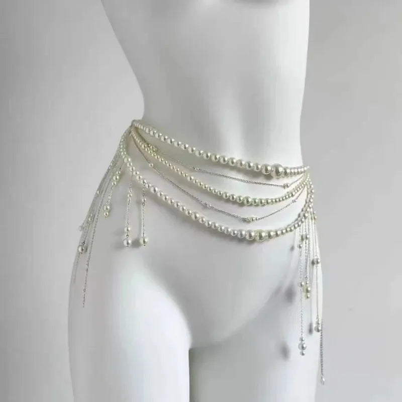 Multilayer Pearl Belt Waist Chain for Women's Fashion Retro Y2K Designer Belt Character Playing Clothes Accessories Party Belts