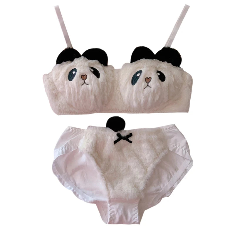 Sexy Young Girl Women's Cute Panda Underwear Set Sweet Lolita Bow Plush Trim Bra & Panties Sets Cotton Lingerie Set Push Up Bra
