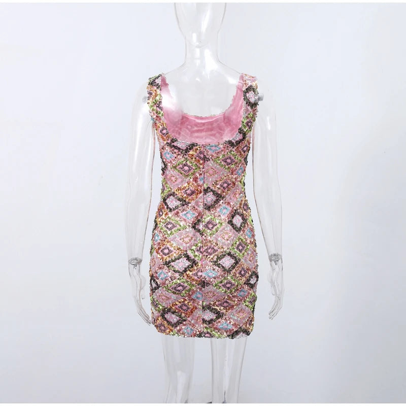 Sequined Mini Dresses Women Slim Square Collar Sleeveless Backless Party Dress Lady Summer Shine Robe Woman Holiday Stylish