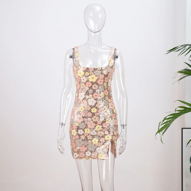 Sequined Mini Dresses Women Slim Square Collar Sleeveless Backless Party Dress Lady Summer Shine Robe Woman Holiday Stylish