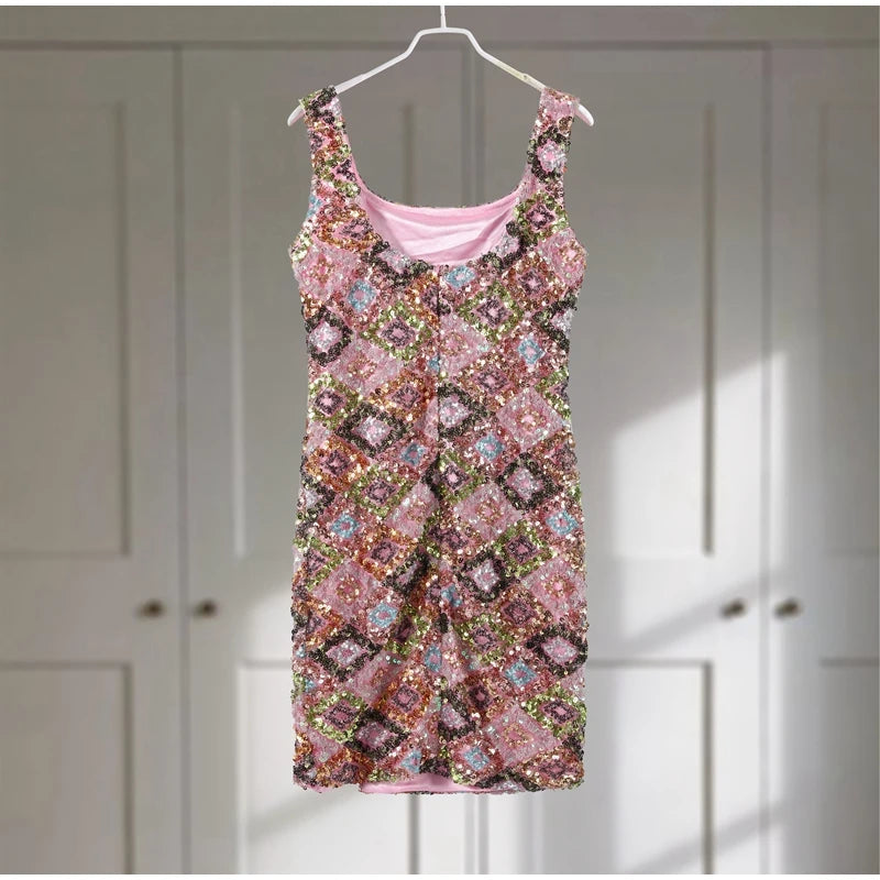 Sequined Mini Dresses Women Slim Square Collar Sleeveless Backless Party Dress Lady Summer Shine Robe Woman Holiday Stylish
