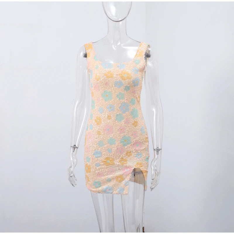 Sequined Mini Dresses Women Slim Square Collar Sleeveless Backless Party Dress Lady Summer Shine Robe Woman Holiday Stylish