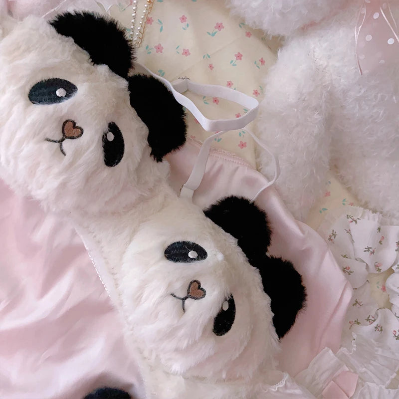 Sexy Young Girl Women's Cute Panda Underwear Set Sweet Lolita Bow Plush Trim Bra & Panties Sets Cotton Lingerie Set Push Up Bra