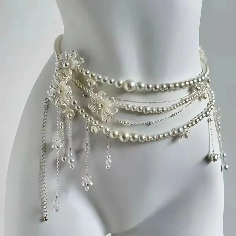 Multilayer Pearl Belt Waist Chain for Women's Fashion Retro Y2K Designer Belt Character Playing Clothes Accessories Party Belts