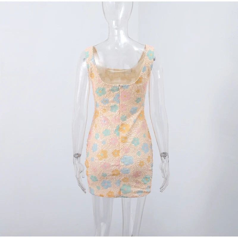 Sequined Mini Dresses Women Slim Square Collar Sleeveless Backless Party Dress Lady Summer Shine Robe Woman Holiday Stylish