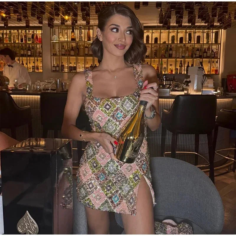 Sequined Mini Dresses Women Slim Square Collar Sleeveless Backless Party Dress Lady Summer Shine Robe Woman Holiday Stylish