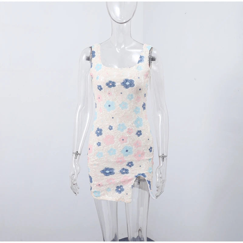 Sequined Mini Dresses Women Slim Square Collar Sleeveless Backless Party Dress Lady Summer Shine Robe Woman Holiday Stylish