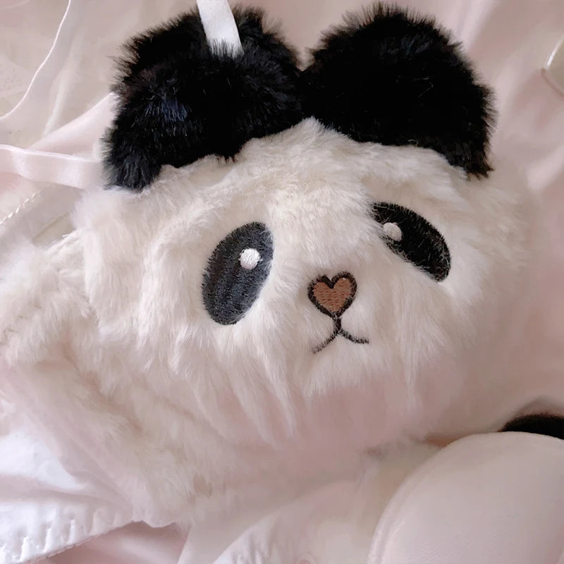 Sexy Young Girl Women's Cute Panda Underwear Set Sweet Lolita Bow Plush Trim Bra & Panties Sets Cotton Lingerie Set Push Up Bra