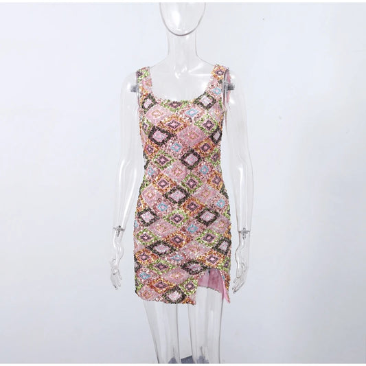 Sequined Mini Dresses Women Slim Square Collar Sleeveless Backless Party Dress Lady Summer Shine Robe Woman Holiday Stylish