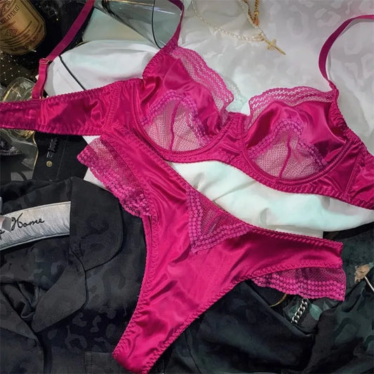 French Ice Silk Comfort Underwear Women Sexy Lace Ultra Thin Push Up Bra Set High Quality Brassiere Summer Breathable Lingerie