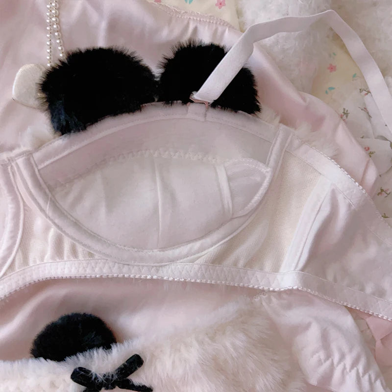 Sexy Young Girl Women's Cute Panda Underwear Set Sweet Lolita Bow Plush Trim Bra & Panties Sets Cotton Lingerie Set Push Up Bra