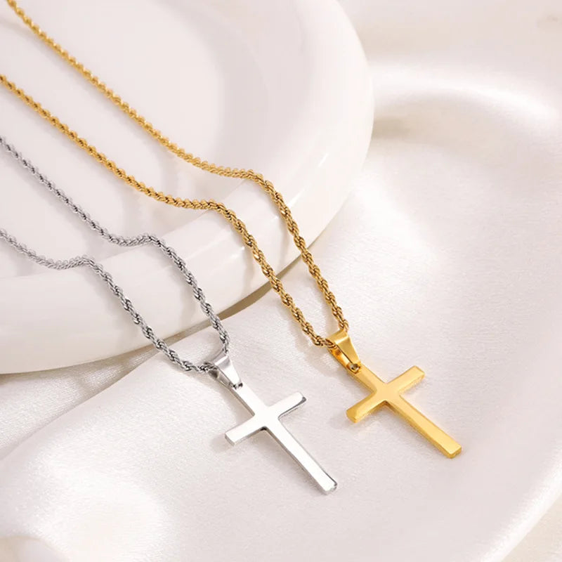 Stainless Steel Cross Pendant Necklace for Men Boys 18K Gold Plated Silver Simple Twisted Chain Fashionable Jewelry Beach Party
