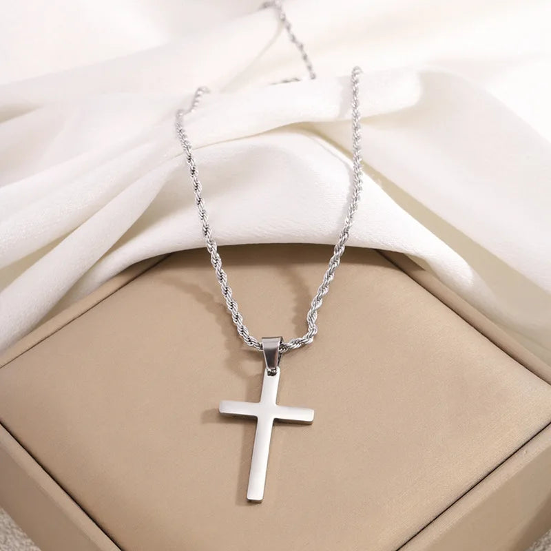 Stainless Steel Cross Pendant Necklace for Men Boys 18K Gold Plated Silver Simple Twisted Chain Fashionable Jewelry Beach Party