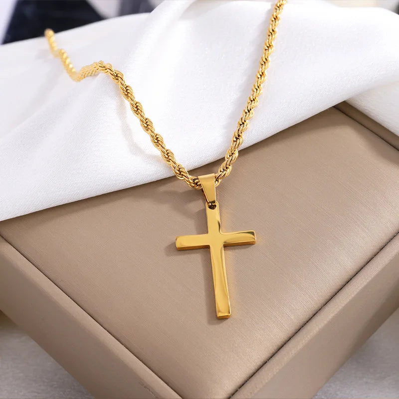 Stainless Steel Cross Pendant Necklace for Men Boys 18K Gold Plated Silver Simple Twisted Chain Fashionable Jewelry Beach Party